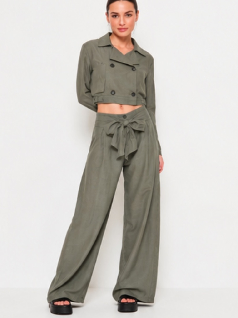 LURDES BERGADA Tie Waist Linen Blend Trousers Green Size Large